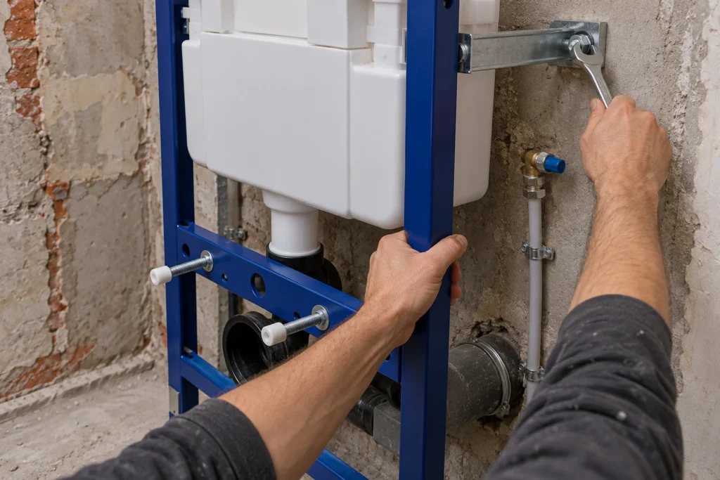 Vakman monteert een inbouwreservoir met installatieframe tegen een kale wand in Apeldoorn