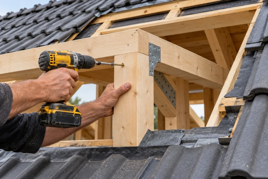 Vakman schroeft het houten frame van een dakkapel vast in het dakvlak in Ugchelen