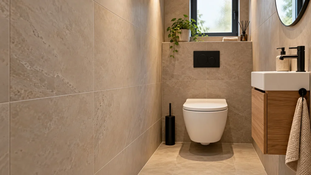 Gerenoveerd toilet met hangtoilet, zwarte bedieningsplaat, fonteintje en natuursteenlook tegels in Zuidbroek
